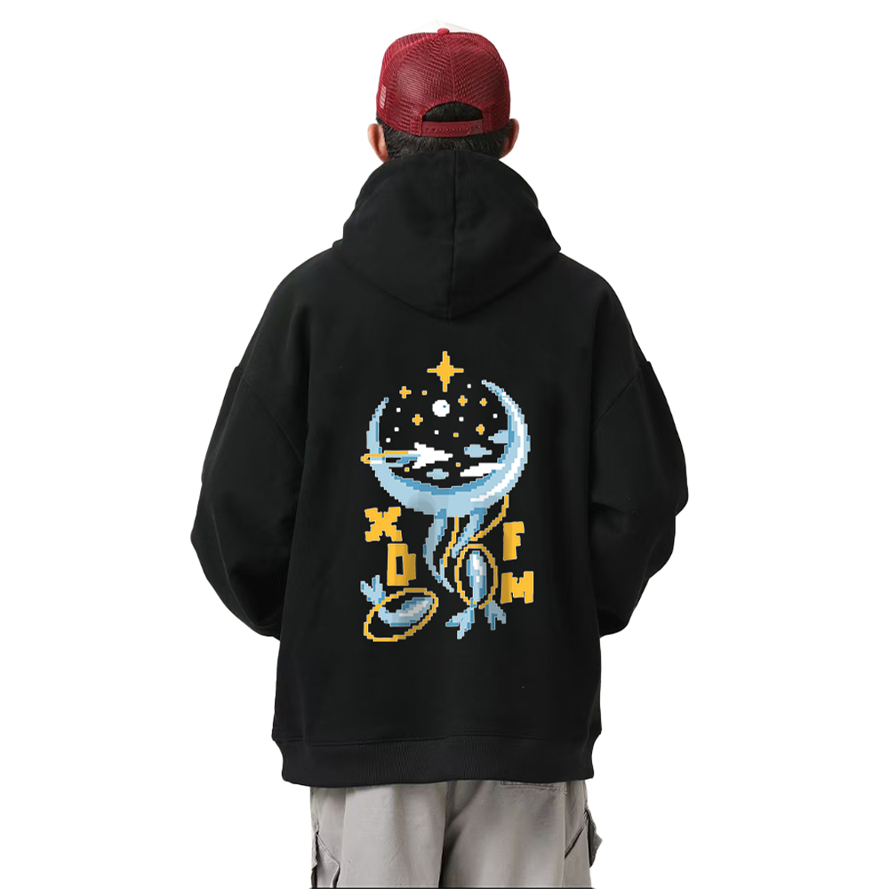 美式像素星月格子宽松连帽卫衣