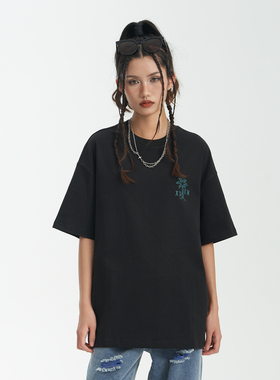 XDFM国潮短袖T恤字母椰树简约小标印花重磅纯棉正肩上衣五分袖