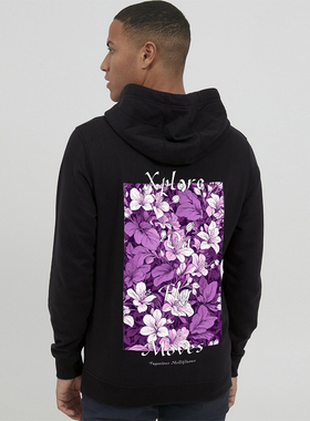 XDFM美式连帽卫衣紫色花卉胶印高街嘻哈帽衫chic初秋薄款外套