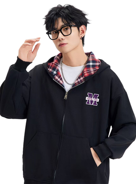 XDFM 美式紫色M标立体刺绣宽松开衫拉链连帽卫衣重磅高街外套上衣