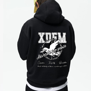 XDFM和平鸽字母图案秋冬套头连帽卫衣vintage加绒宽松帽衫上衣
