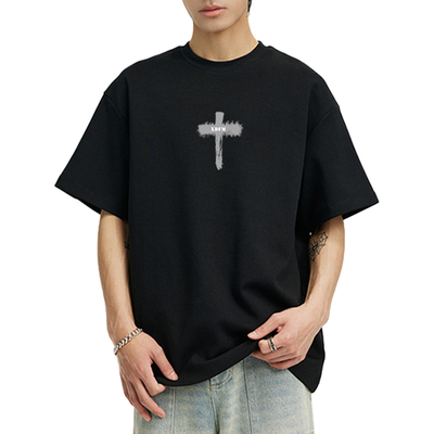 美式烟雾缭绕十字架宽松短袖T恤