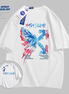 NASA联名款新款夏季卡通印花重磅短袖宽松上衣纯棉T恤男百搭潮流