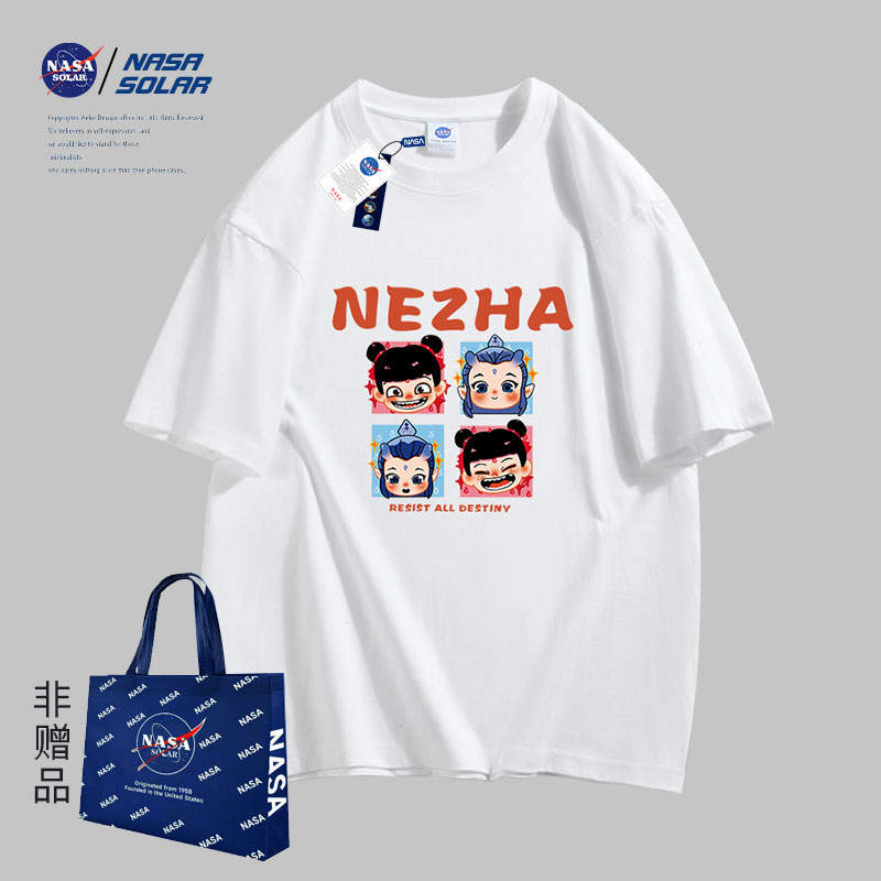 NASA SOLAR新款哪吒印花短袖女圆领上衣情侣同款重磅纯棉T恤男潮