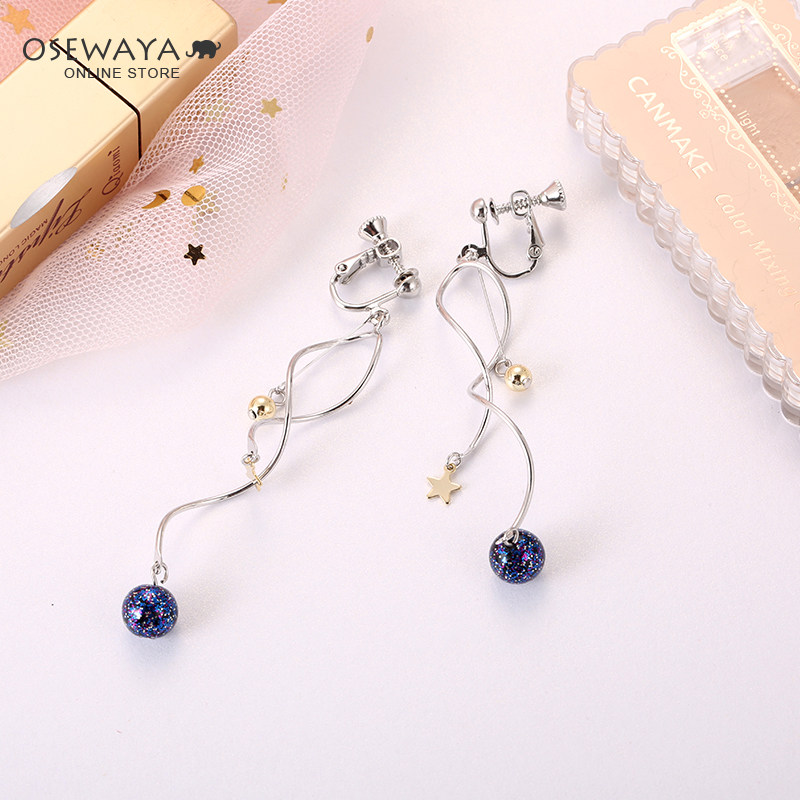 日本OSEWAYA双扭结星空珍珠耳夹无耳洞女长款潮时尚简约耳环耳饰