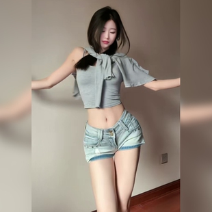 清爽显瘦时尚 经典 休闲裤 夏季 百搭 自然腰牛仔阔腿短裤