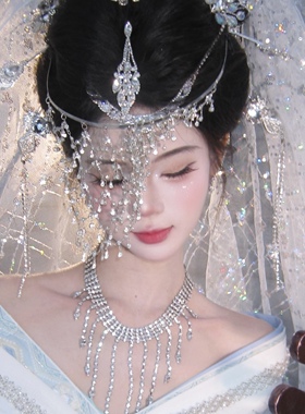 中式氛围感覆面系妆造头饰发箍轻奢水钻半遮面清冷风银帘古装发饰