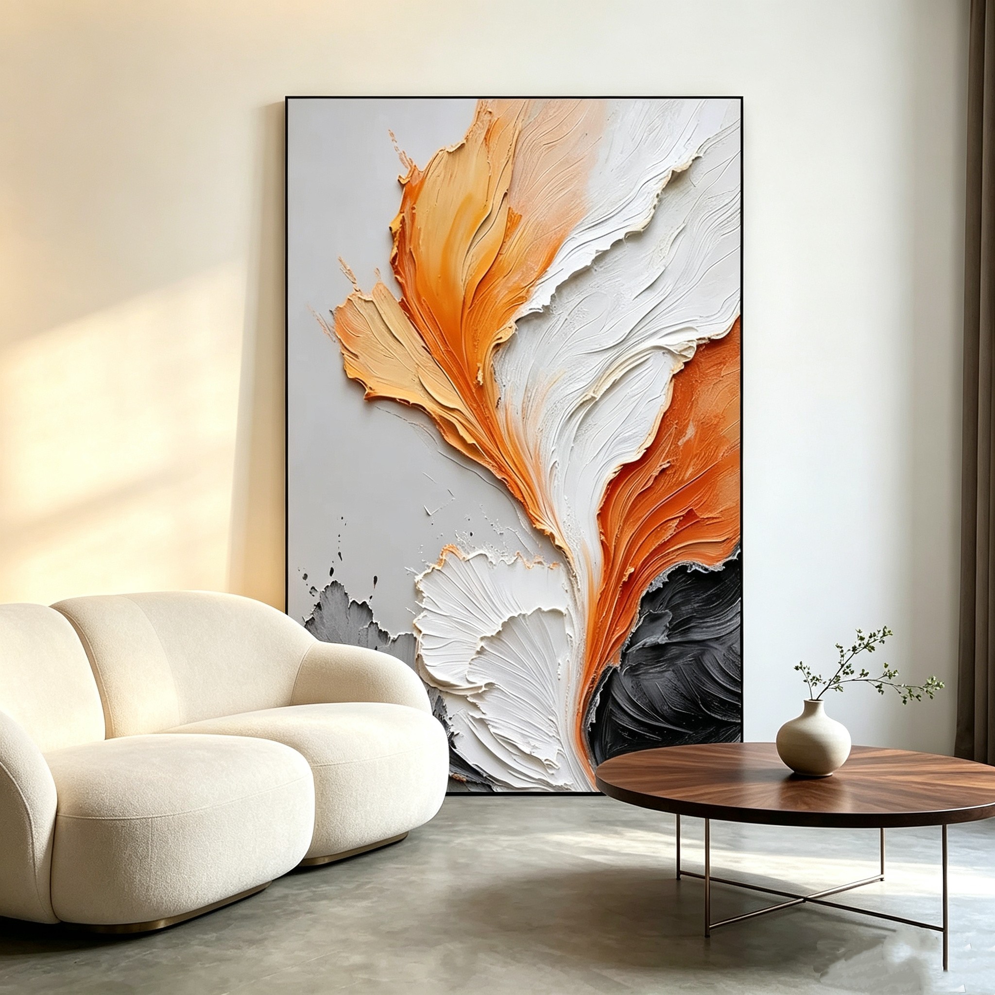 手绘油画客厅沙发背景画奶油风画