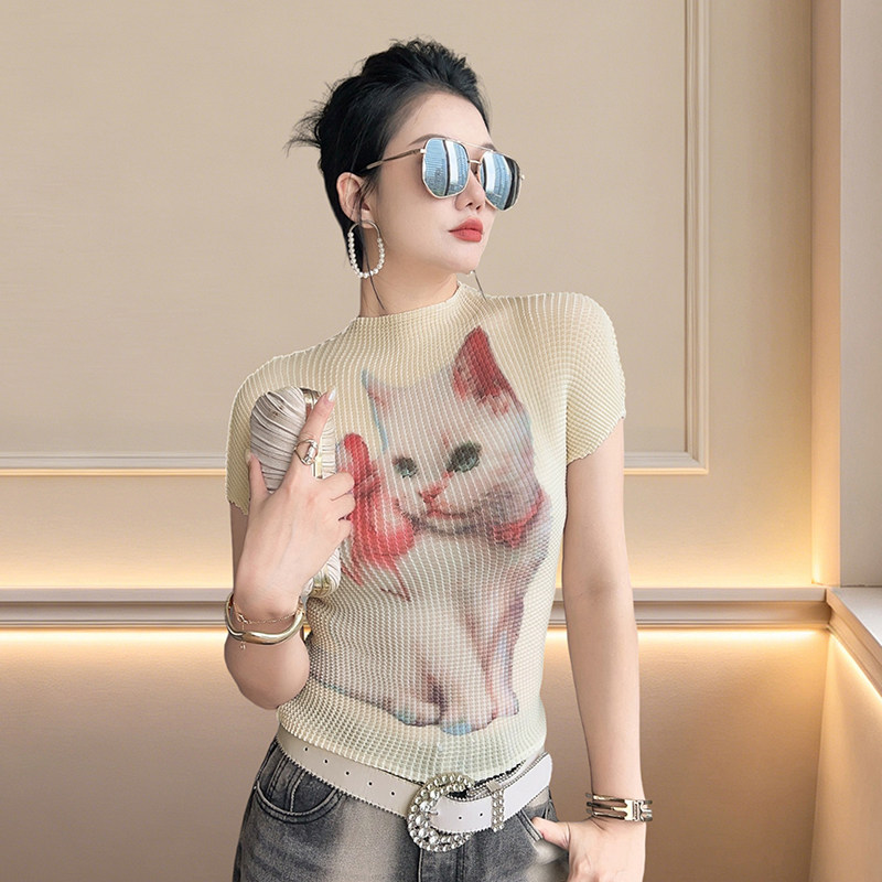 坑条肌理针织猫咪印花半高领短袖T恤女式夏季修身打底衫别致上衣