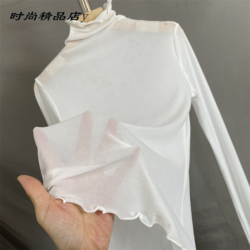 网纱黑色打底衫女2025春秋超薄透视上衣蕾丝内搭外穿微透长袖t恤