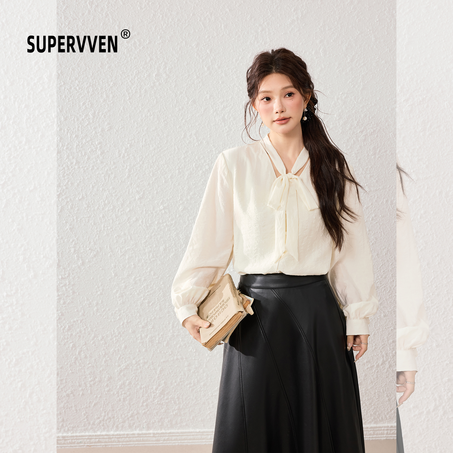 超级文 迢迢清夜温柔蝴蝶结系带条纹提花百搭显瘦衬衫女微胖大码