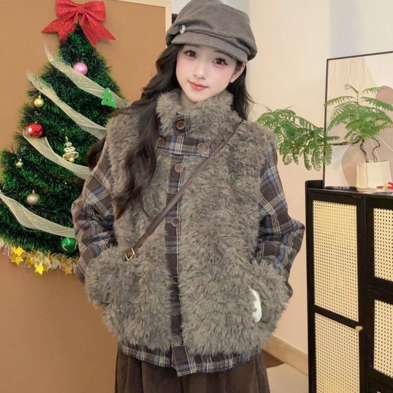 秋冬新品韩系少女宽松百搭磨毛格纹拼接毛绒外套个性时尚洋气潮流