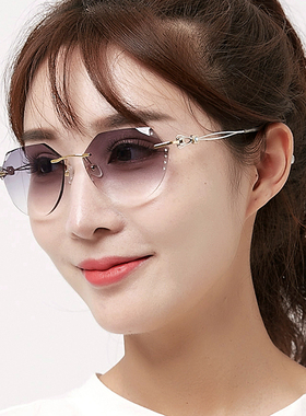 无框太阳镜女切边镶钻复古气质遮阳墨镜司机驾驶时尚多边形88023