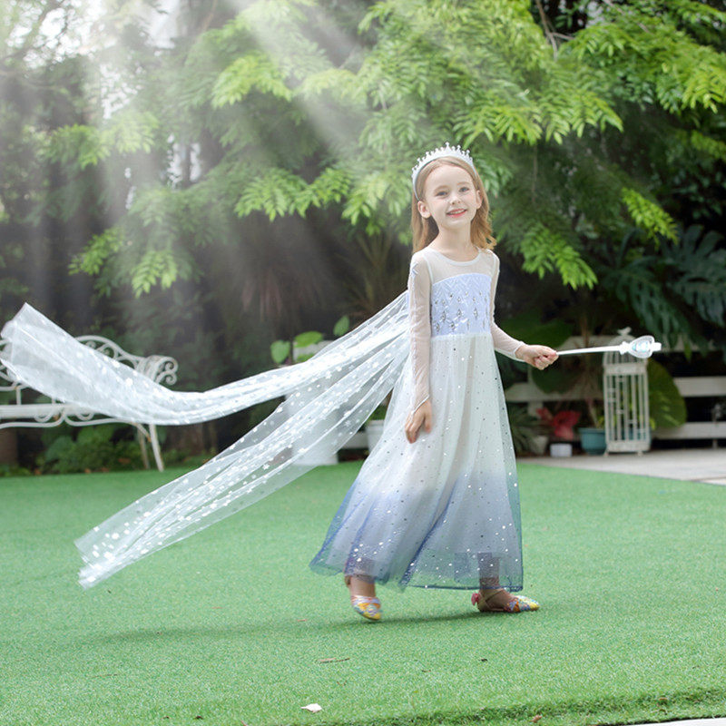 冰雪奇缘爱莎公主裙长小飞袖拖地披风艾莎洋气儿童生日连衣裙新款