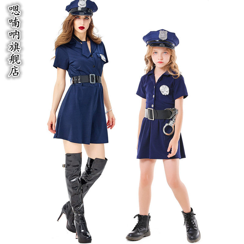 万圣节舞台警察亲子装女警表演蓝色连衣裙儿童cosplay话剧演出服