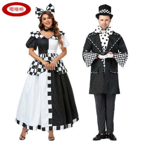 万圣节黑白格子爱丽丝时钟演出服