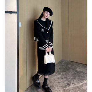 Nancy小景同款颗粒斜纹荃羊毛软呢 流苏miu感海军风毛呢外套/半裙