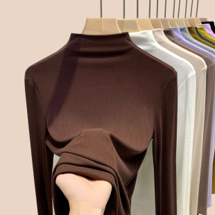秋冬螺纹立领修身 2025新款 针织上衣 女内搭长袖 咖啡色半高领打底衫