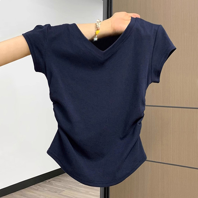 藏蓝色V领正肩女T恤褶皱上衣显瘦