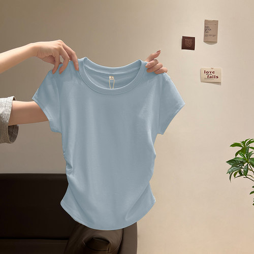 正肩蓝色T恤女圆领褶皱上衣