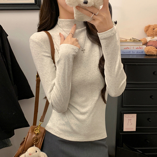 纯棉半高领打底衫女内搭早春新款秋冬设计感螺纹长袖修身上衣显瘦