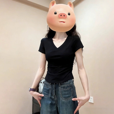 黑色V领纯棉短袖t恤女正肩上衣夏
