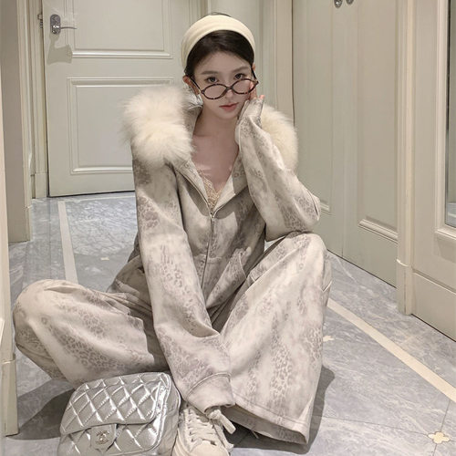 秋季女美式复古毛领连帽