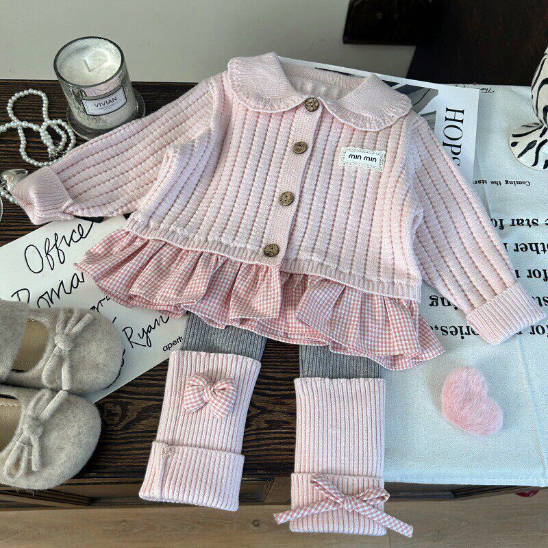 韩版童装2026新款秋季女童拼接格子贴标毛衣开衫儿童堆堆袜打底裤