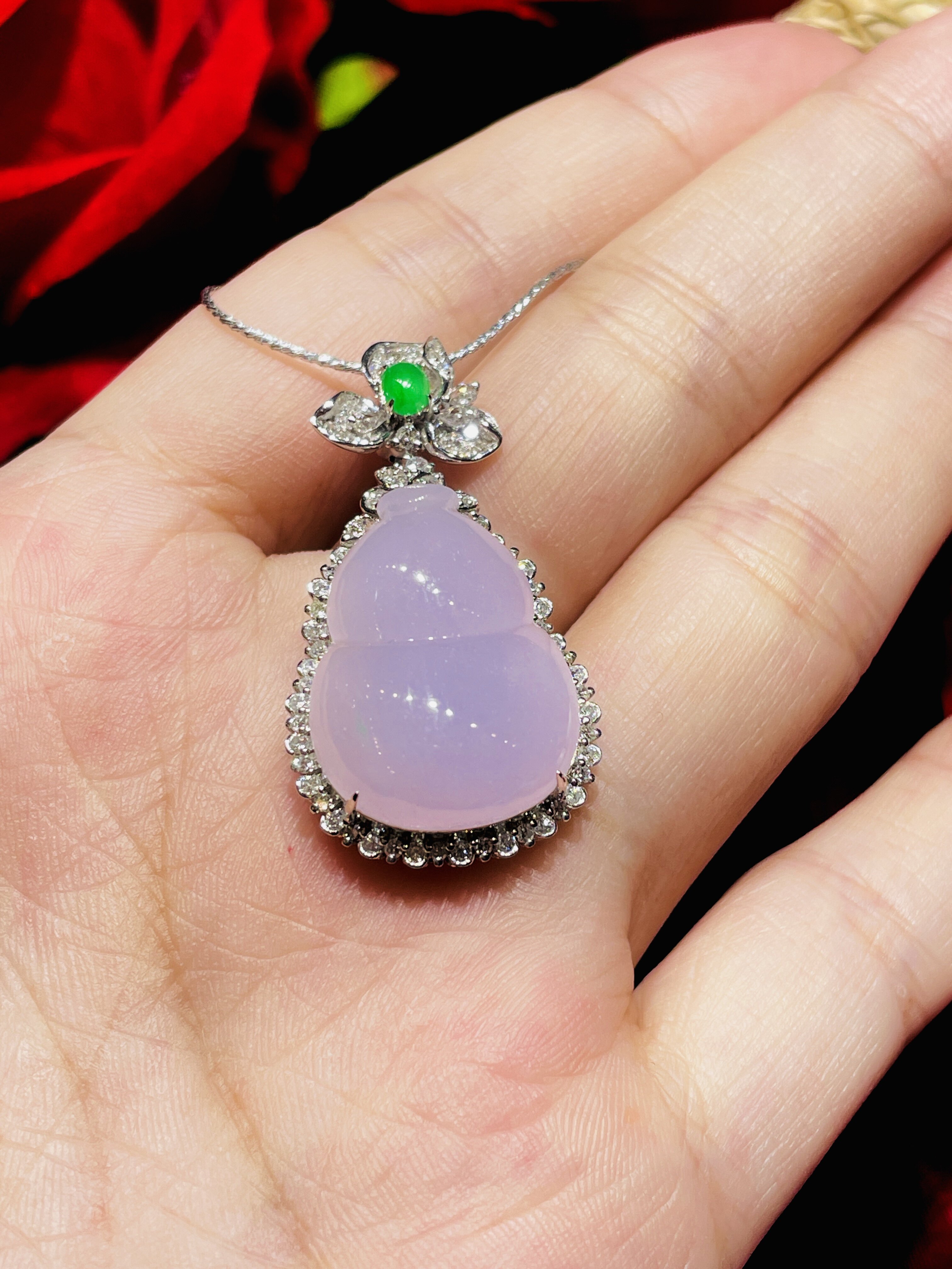 缅甸翡翠a货正品 紫罗兰葫芦吊坠 镶嵌18 k金搭配钻石时尚好百搭