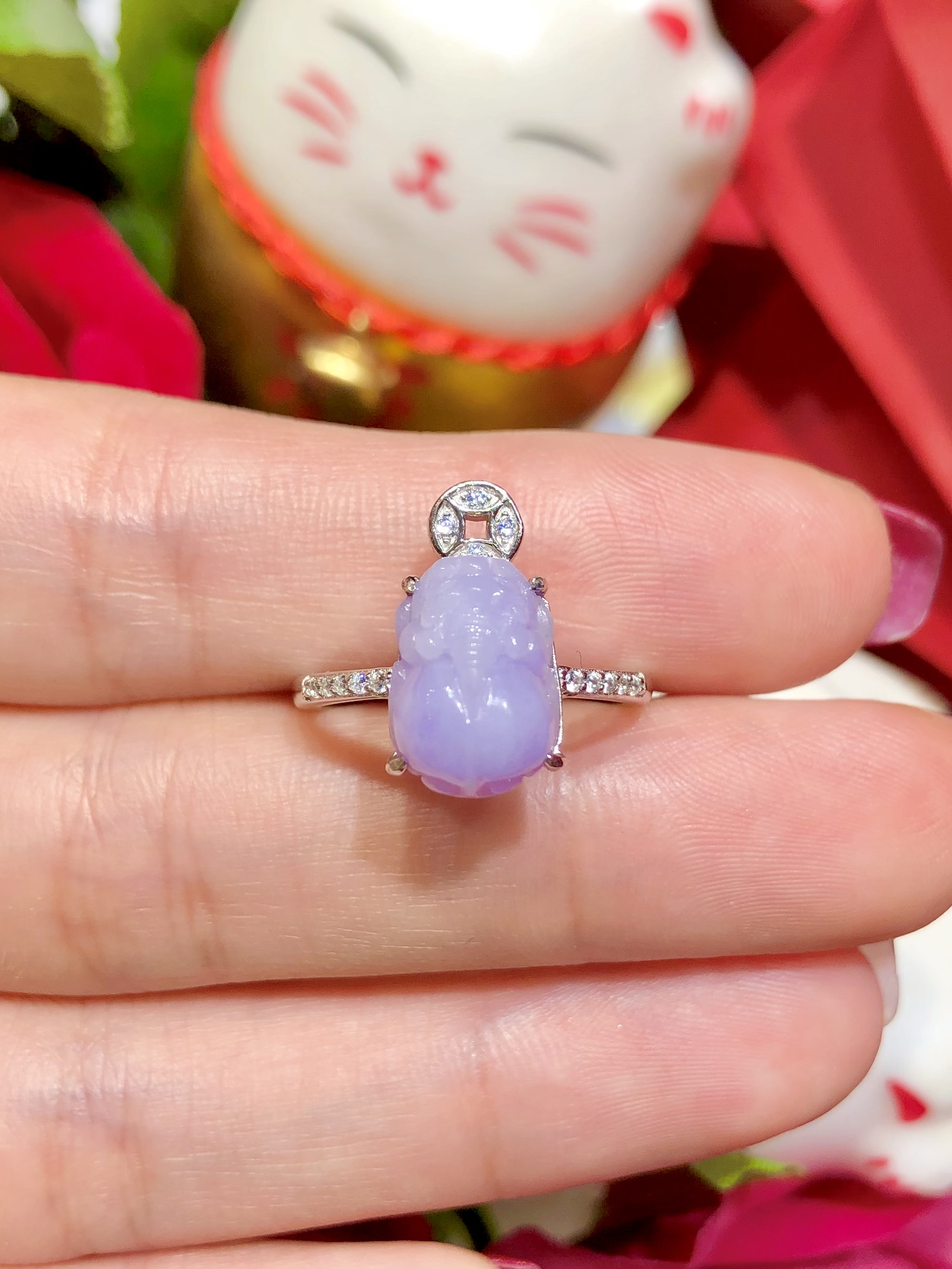 缅甸翡翠A货正品 冰种水润紫罗兰貔貅戒指S925银镶嵌时尚百搭大气