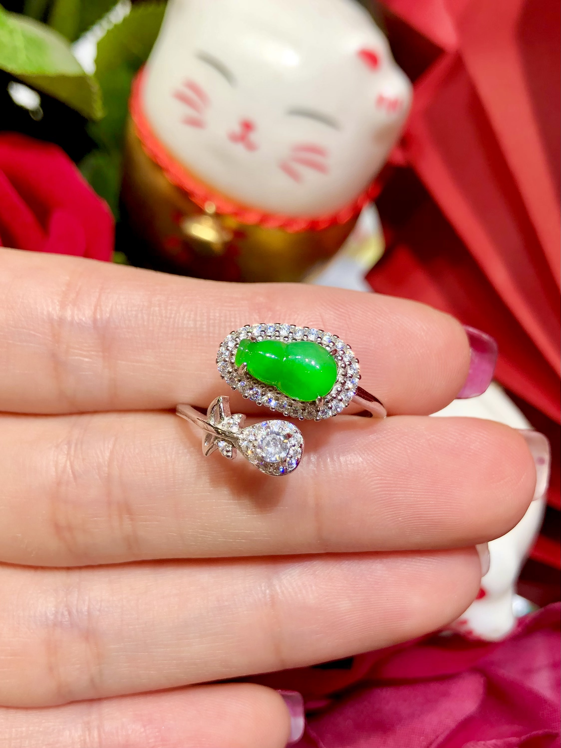 缅甸翡翠A货正品 冰种水润阳绿葫芦戒指S925银镶嵌时尚百搭大气款