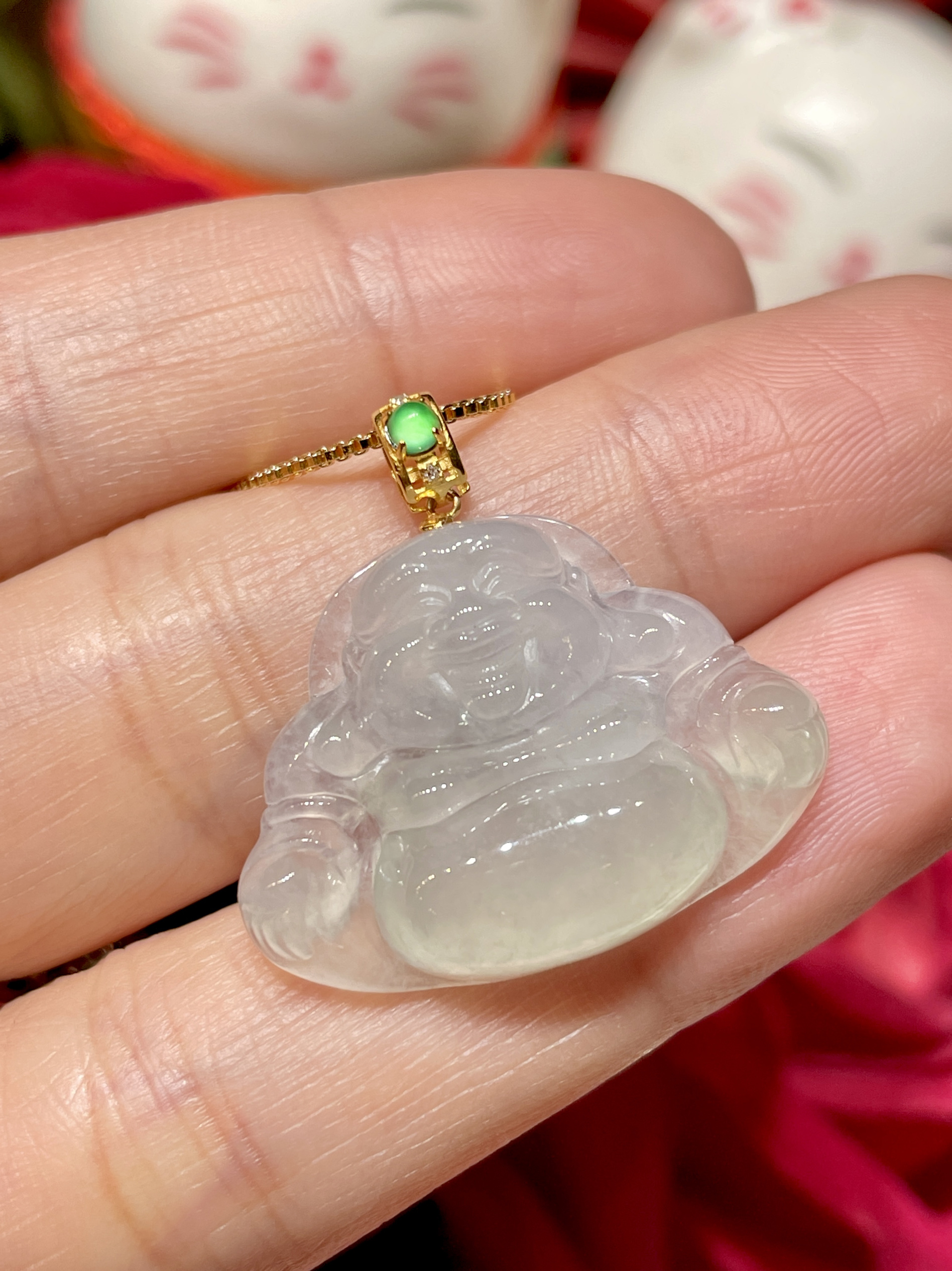 冰种缅甸翡翠A货正品冰种佛公吊坠18k金扣头镶嵌钻石时尚大方百搭