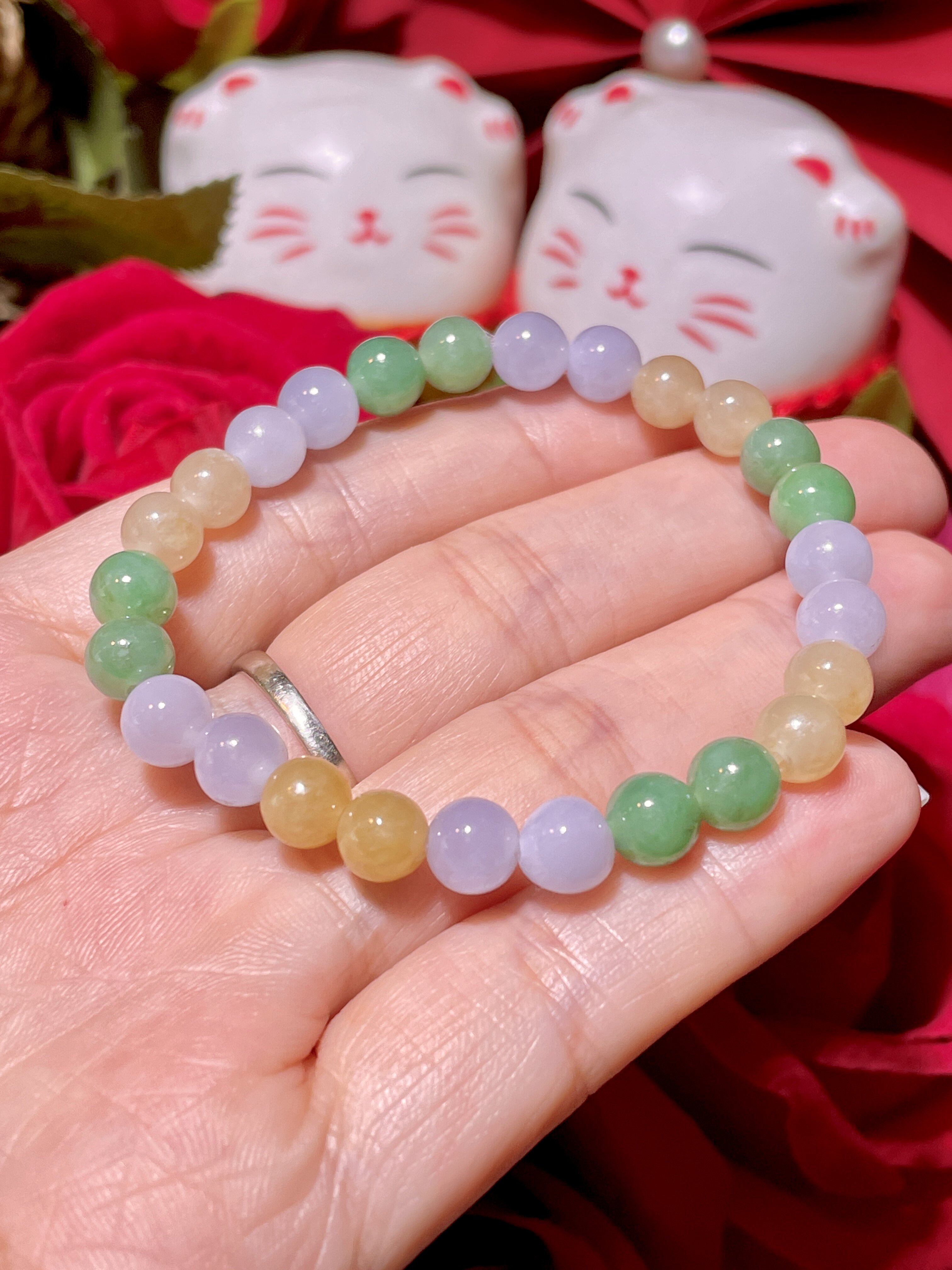 缅甸翡翠A货正品 冰种水润紫罗兰黄翡满绿圆珠手链时尚百搭大气款
