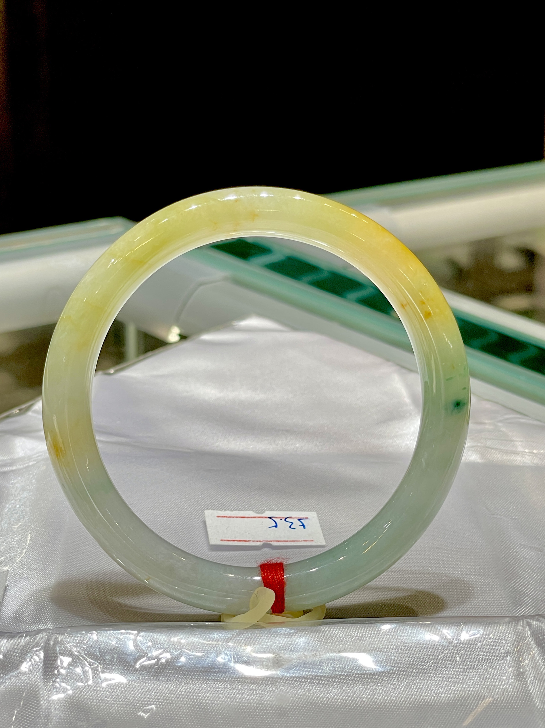 缅甸翡翠A货正品 冰种黄翡飘花手镯53圈口圆条手镯 上手时尚百搭