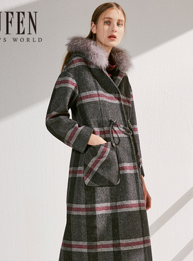 FUFEN福芬2019秋冬女士长款连帽毛领格纹羊毛呢子大衣DY-10618