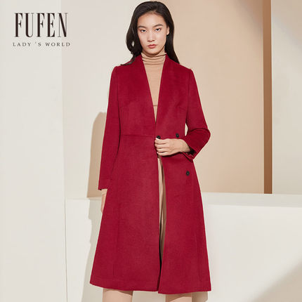 FUFEN福芬秋季新款毛呢外套女v领收腰显瘦羊毛外套DY-11111-2