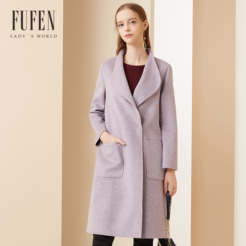 fufen福芬翻领纯色宽松毛呢大衣
