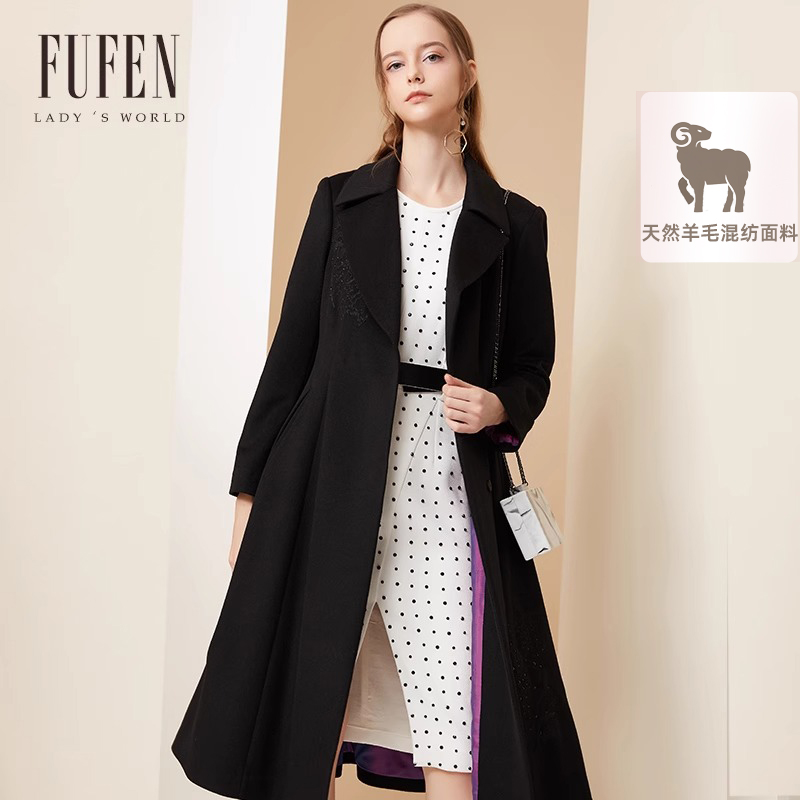 FUFEN福芬西服领中长款毛呢大衣