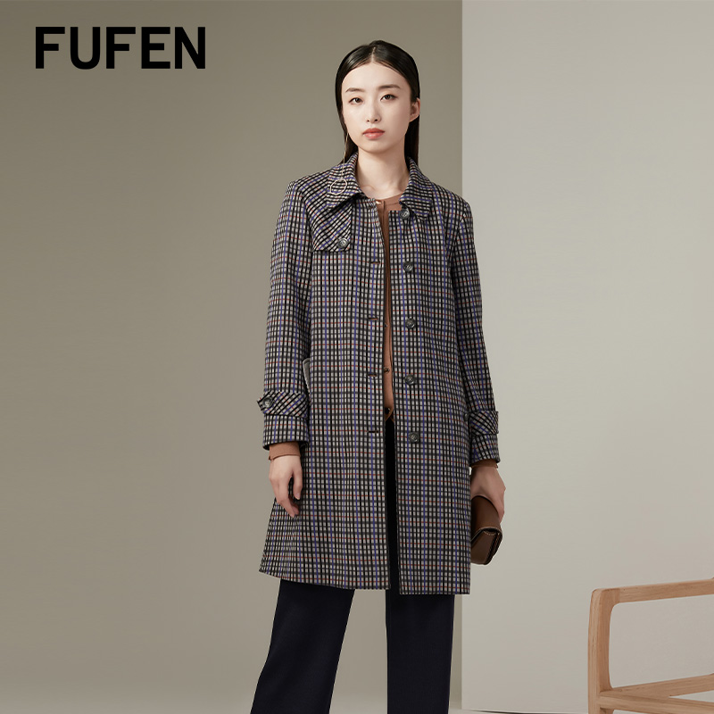 FUFEN风衣福芬翻领格子复古全棉