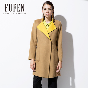 FUFEN福芬秋冬新款宽松百搭毛呢大衣女纯色显瘦中长款外套D-8666