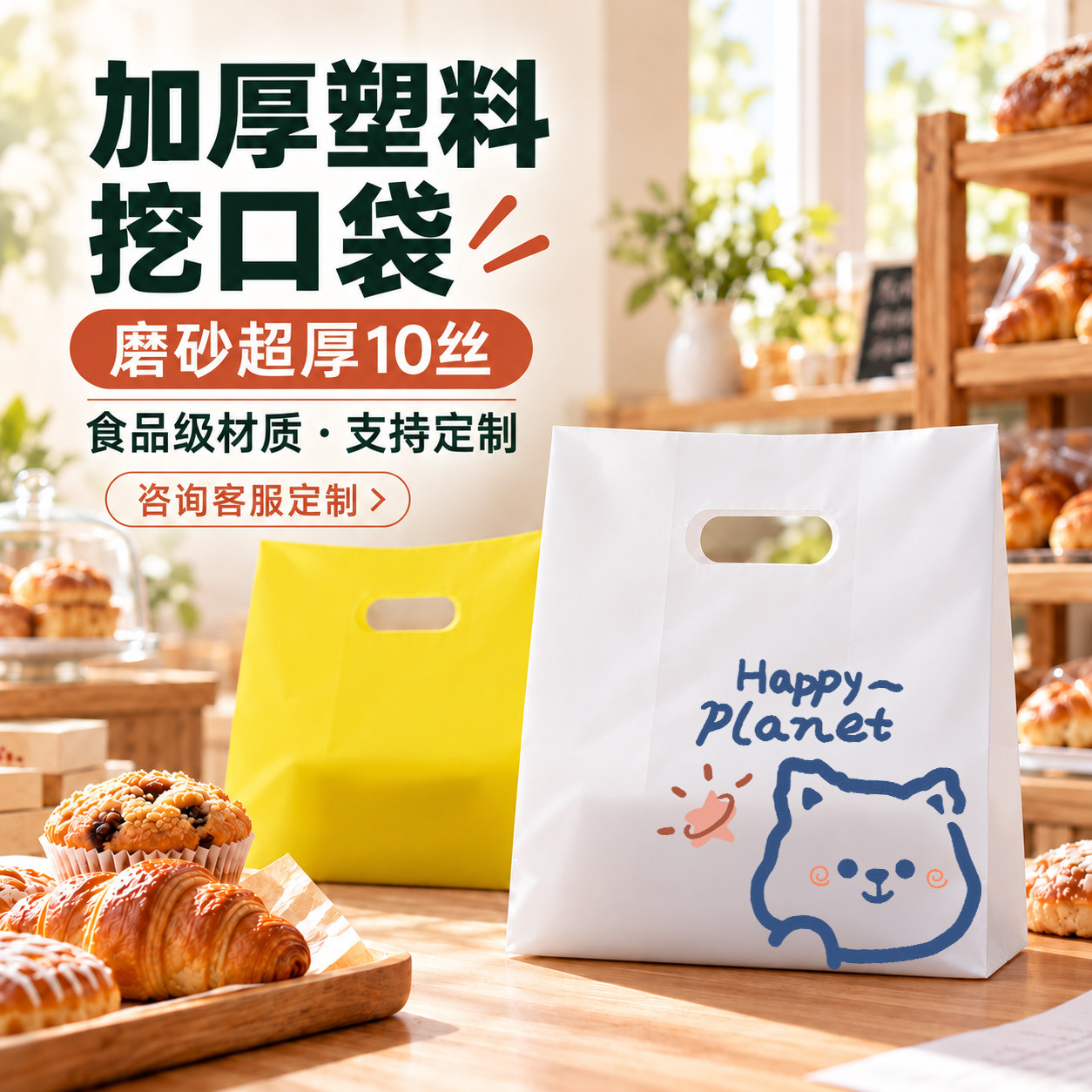 超厚餐饮食品级外卖打包袋塑料袋手提袋烘焙面包包装袋可定制LOGO