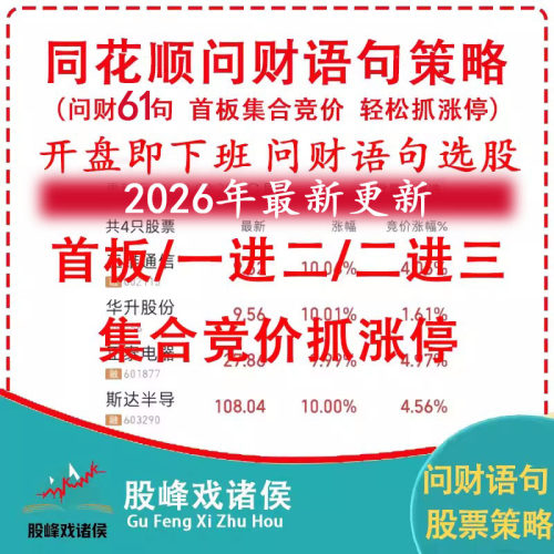 同花顺问财语句策略61句选股首板集合竞价短线强势股涨停语句1进2