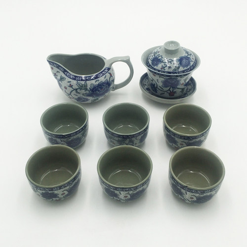 福泰铭复古青花瓷绿花茶杯壶海