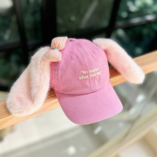 韩国单you 扮棒球帽 say毛绒兔耳朵亲子鸭舌帽女童帽遮阳帽卡通装