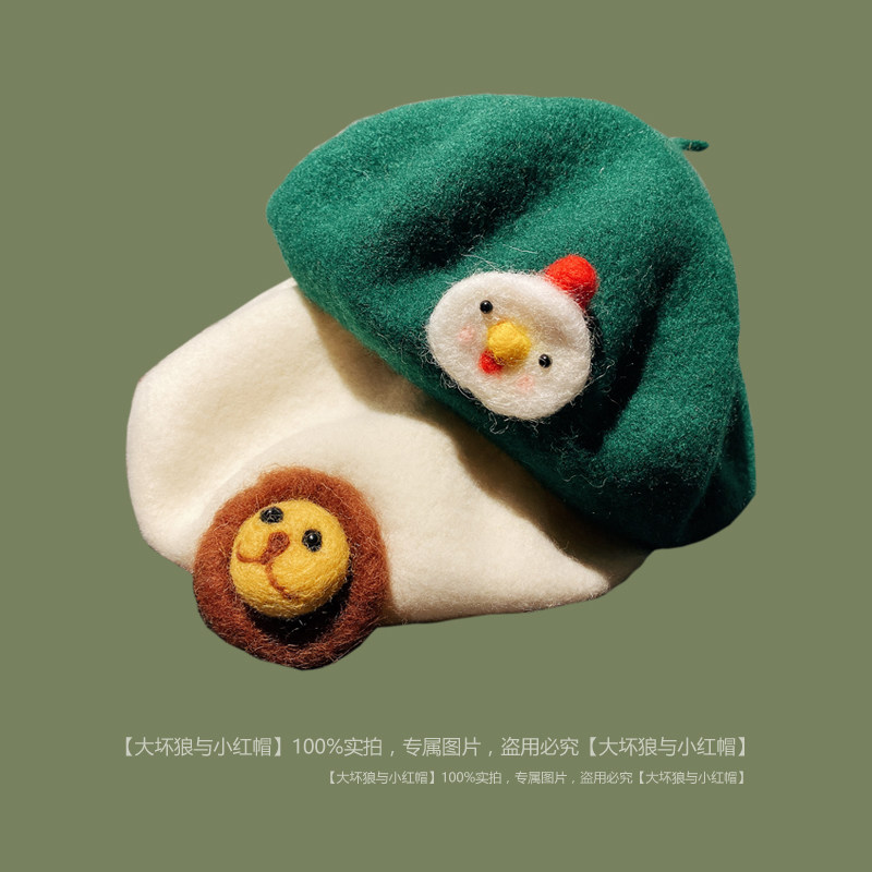 韩国代购卡通动物园羊毛贝雷帽秋冬亲子画家帽母女潮拍烧饼帽毡帽