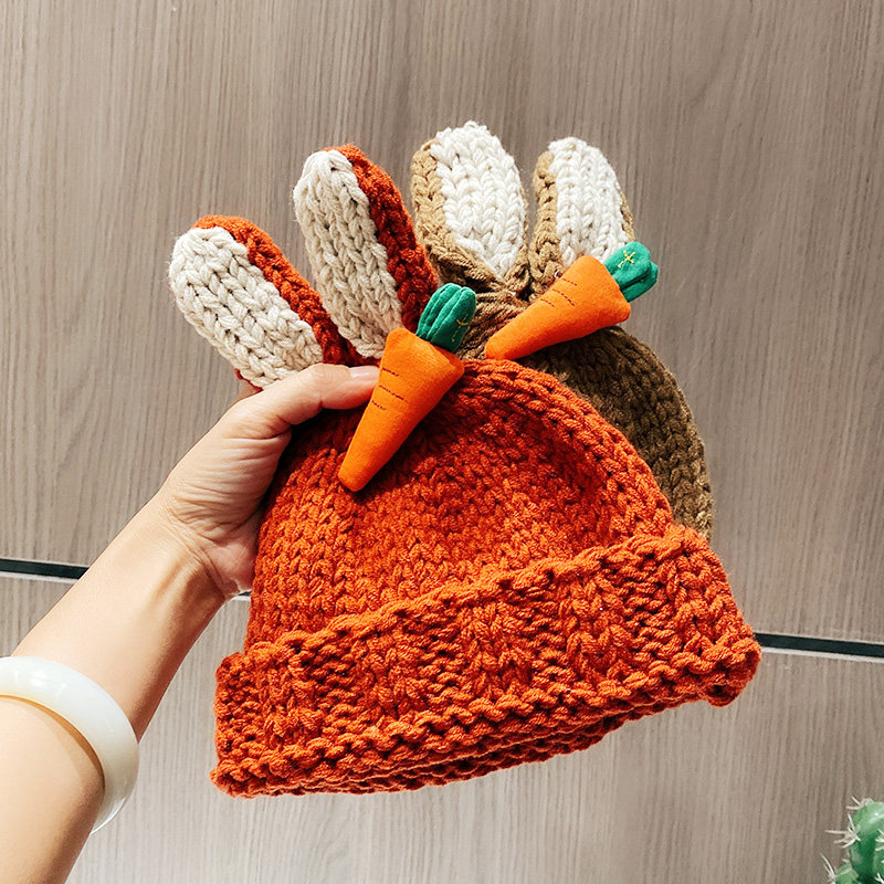 小红帽小童萝兔耳朵毛线帽男女童冬帽冷帽卡通手钩保暖帽儿童帽子