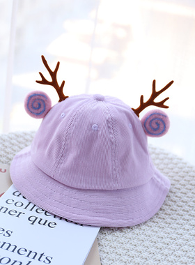 新款鹿角耳朵灯芯绒渔夫帽黄色卡通可爱儿童盆帽幼儿园男女亲子帽