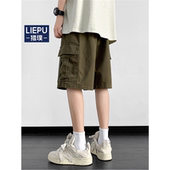 男夏季 裤 潮流薄款 宽松五分裤 潮牌美式 休闲学生短裤 军绿色直筒工装
