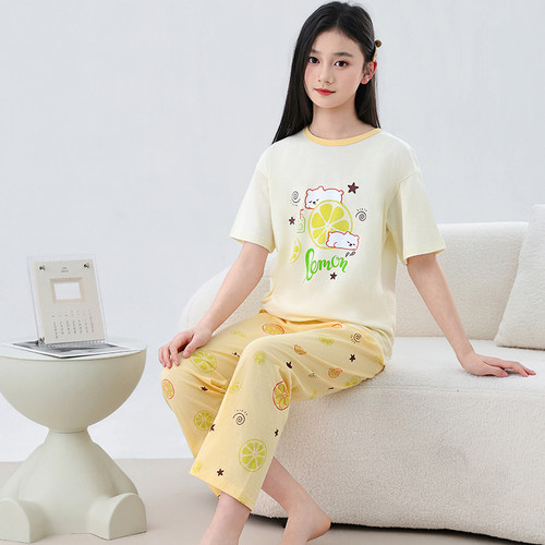 女孩空调服套装小孩夏季儿童睡衣女童家居服纯棉短袖大童薄款公主