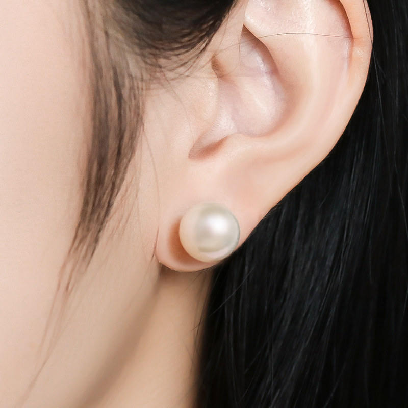 大颗正圆淡水珍珠耳钉s925纯银耳环白色珍珠耳坠简约气质优雅耳饰
